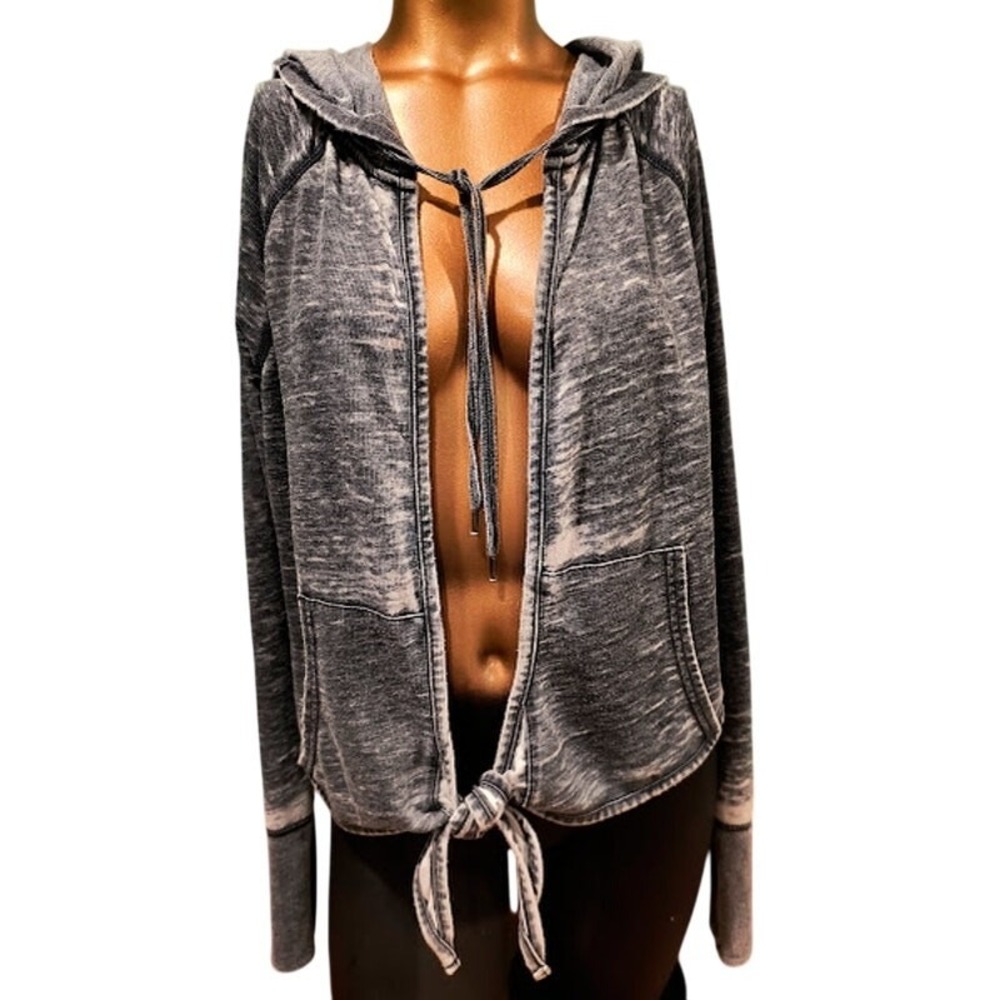 DKNY Jeans Tie Front Cropped Hooded Jacket‎ with Pockets and Tie, Gray, Size M